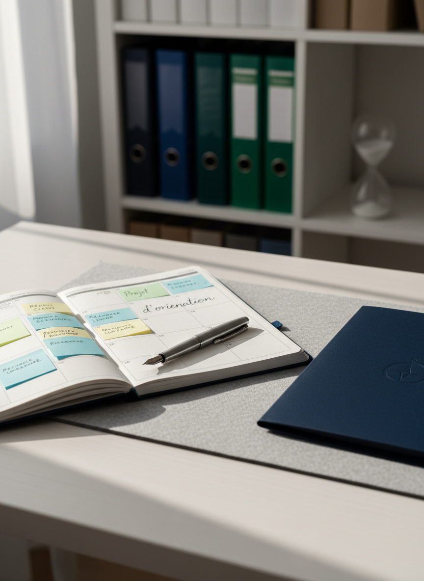 A neat wooden desk with a matte white finish planner open to a weekly schedule, color-coded sticky notes, and a sleek silver fountain pen resting diagonally across a page titled “Projet d’orientation”. Beside it, a closed navy-blue folder embossed with a subtle compass icon lies on a soft grey felt desk pad. In the background, a blurred bookshelf displays organized binders and a small sand hourglass. Soft morning daylight enters from an unseen window, creating gentle reflections on the pen and folder, casting calm shadows. Photographic realism, eye-level composition with shallow depth of field emphasizes the planner, conveying a professional, reassuring atmosphere about structured guidance and orientation counseling.